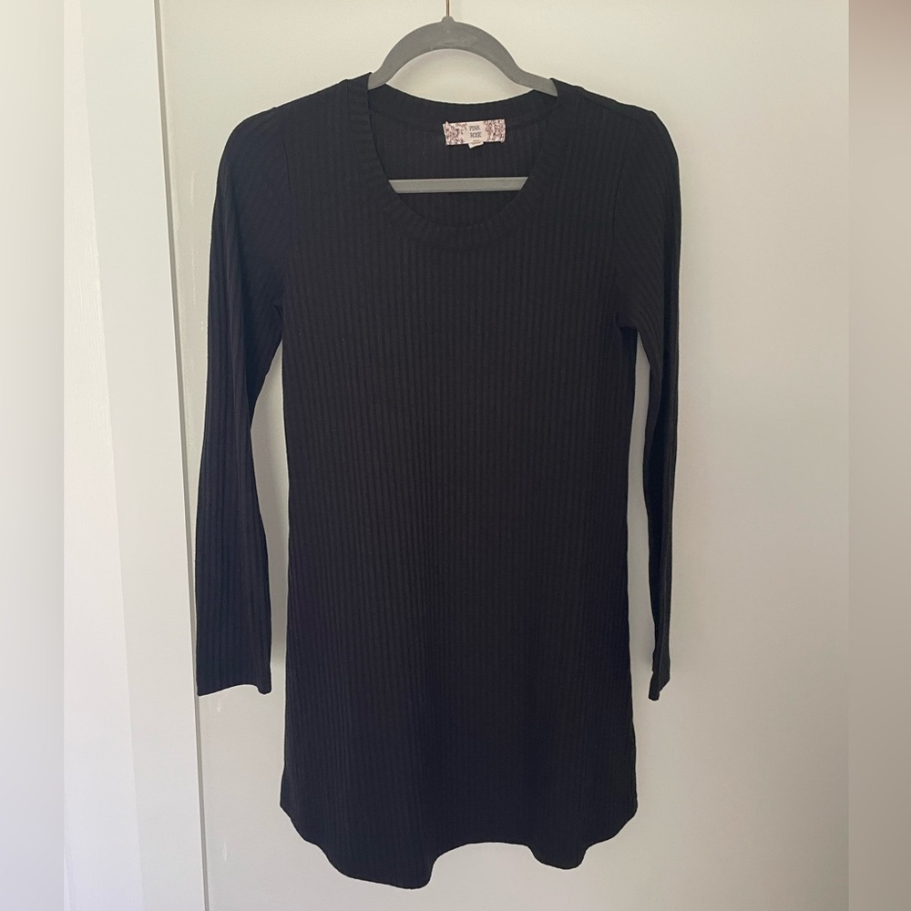 Pink Rose Black Ribbed Long Sleeve Mini Dress - Picture 2 of 5